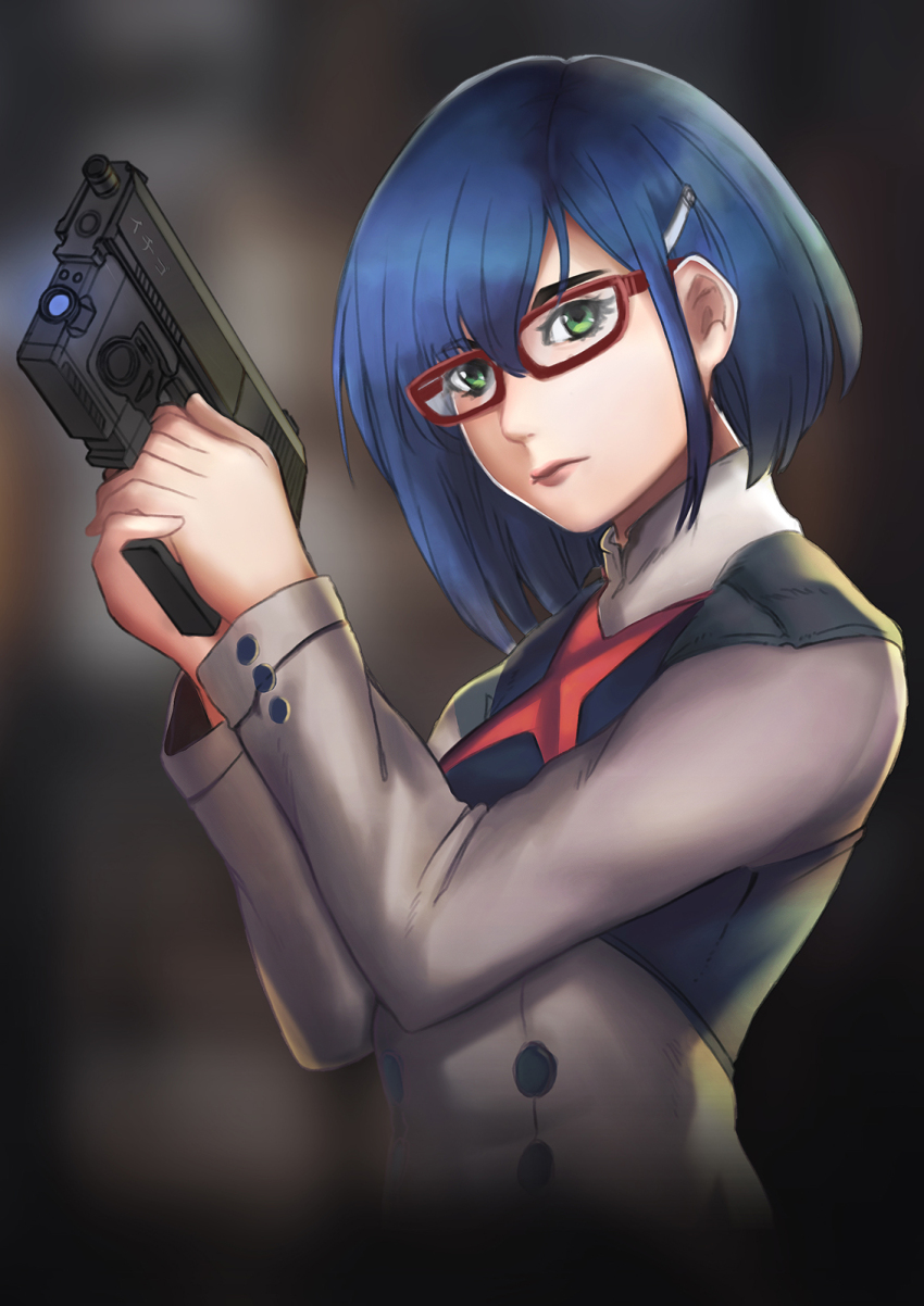 1girl aiming_up asymmetrical_hair bespectacled black_dress blue_hair blunt_ends blurry blurry_background bob_cut breasts buttons closed_mouth commentary darling_in_the_franxx double-breasted dress english_commentary expressionless eyelashes from_side glasses green_eyes grey_dress gun h&amp;k_mark_23 hair_between_eyes hair_ornament hairclip handgun highres holding holding_gun holding_weapon ichigo_(darling_in_the_franxx) looking_at_viewer looking_to_the_side mixed-language_commentary multicolored_dress persocon93 pink_lips red-framed_eyewear short_hair small_breasts solo swept_bangs uniform upper_body vignetting weapon white_dress