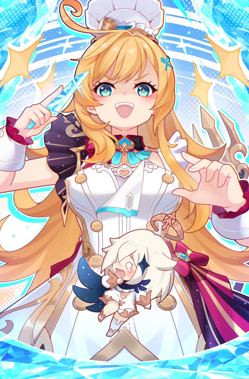 absurdres ahoge blonde_hair chef_hat escoffier_(genshin_impact) four-pointed_star genshin_impact green_eyes hair_ornament hairclip hat highres holding holding_knife knife long_hair m-1ng paimon_(genshin_impact)