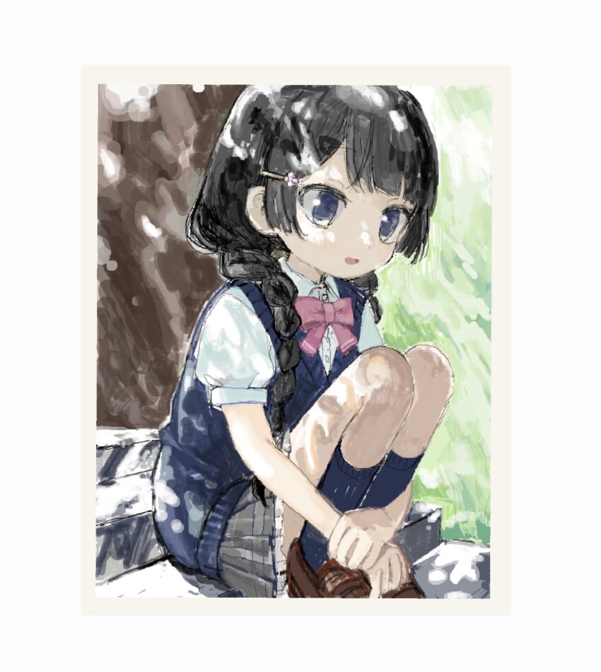 black_hair blue_eyes blue_socks blue_sweater_vest border bow bowtie braid brown_shoes collared_shirt commentary_request dappled_sunlight day dress_shirt grey_skirt hair_ornament hair_over_shoulder hairclip highres hitonatz kneehighs loafers long_hair looking_at_viewer low_twin_braids nijisanji open_mouth outdoors pink_bow pink_bowtie pleated_skirt puffy_short_sleeves puffy_sleeves school_uniform shirt shoes short_sleeves sitting sitting_on_stairs skirt smile socks stairs summer_uniform sunlight sweater_vest tsukino_mito tsukino_mito_(summer_uniform) twin_braids virtual_youtuber white_border white_shirt