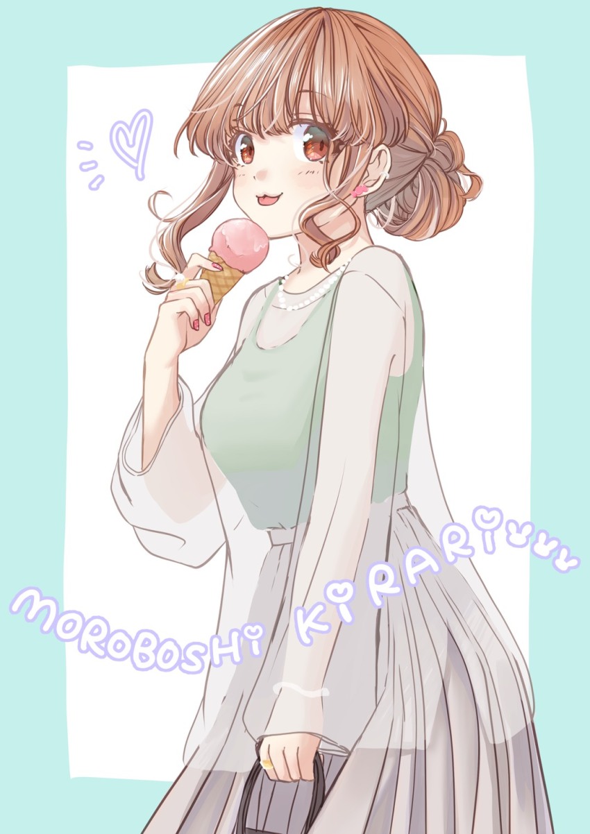 1girl :3 bag blush brown_eyes brown_hair character_name earrings food hair_bun heart highres holding holding_bag holding_food holding_ice_cream ice_cream ice_cream_cone idolmaster idolmaster_cinderella_girls jewelry long_sleeves looking_at_viewer moroboshi_kirari nagitofuu nail_polish necklace pearl_necklace ring see-through_clothes see-through_shirt shirt sleeveless sleeveless_shirt smile solo tongue tongue_out