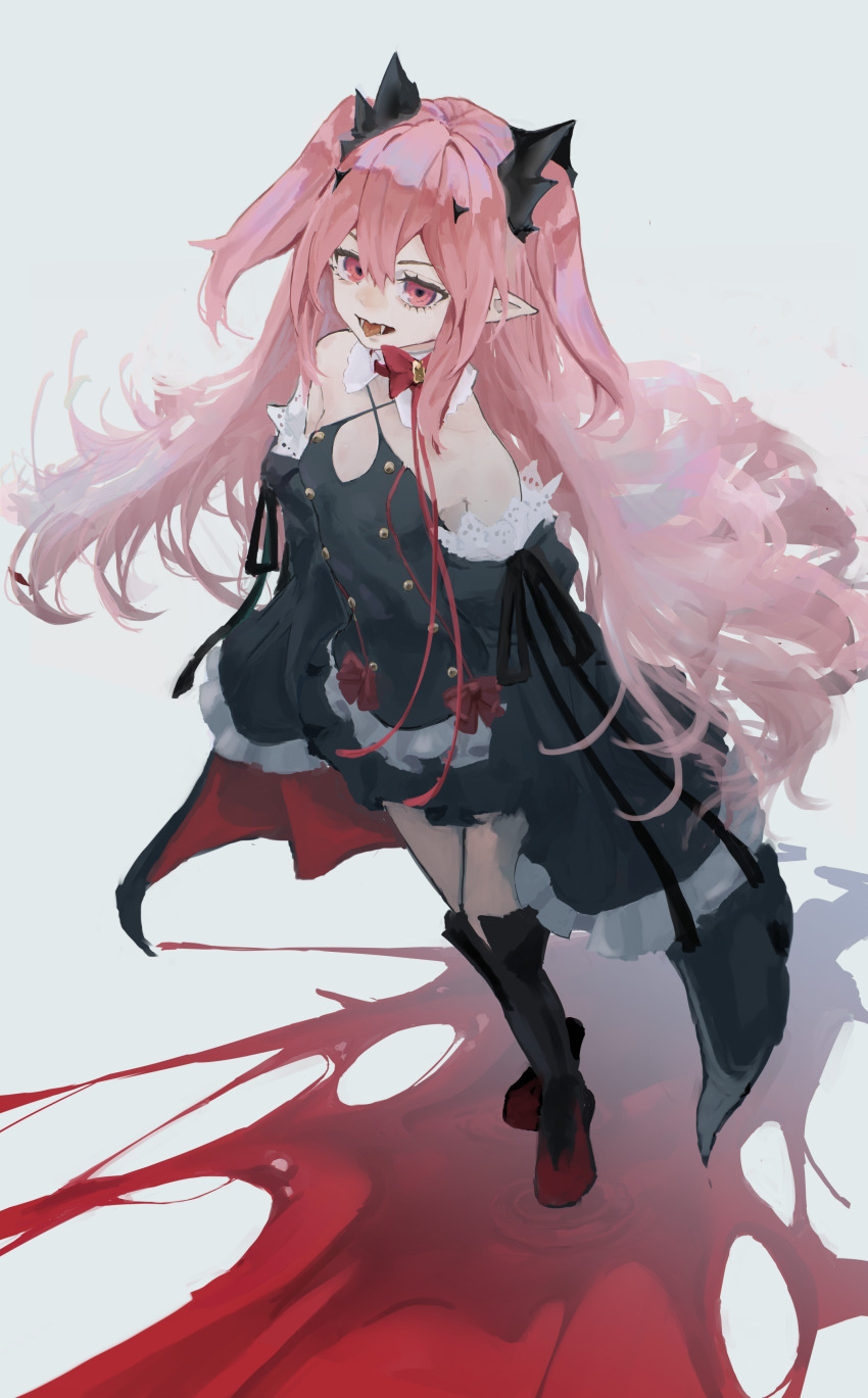 1girl absurdres black_bow black_dress black_thighhighs blood bow dress fangs highres krul_tepes long_hair owari_no_seraph pink_hair pointy_ears red_eyes solo thighhighs vampire white_background zerogu_(0gu_4p)