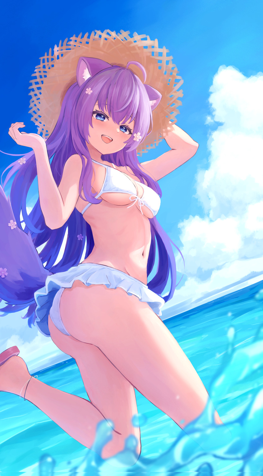 1girl :d ahoge animal_ear_fluff animal_ears anklet arm_up ass bikini bikini_skirt blue_eyes blue_sky blurry blurry_foreground blush breasts cat_ears cloud cloudy_sky day flower foot_out_of_frame frilled_bikini frills front-tie_bikini_top front-tie_top hair_between_eyes hair_flower hair_ornament hand_on_headwear hat highres horizon jewelry leg_up long_hair looking_at_viewer medium_breasts moe_(vrchat) navel ocean open_mouth outdoors purple_hair purple_tail ruarinringo sandals sky smile solo splashing standing standing_on_one_leg stomach straw_hat swimsuit tail teeth thighs twisted_torso underboob upper_teeth_only vrchat wading water white_bikini
