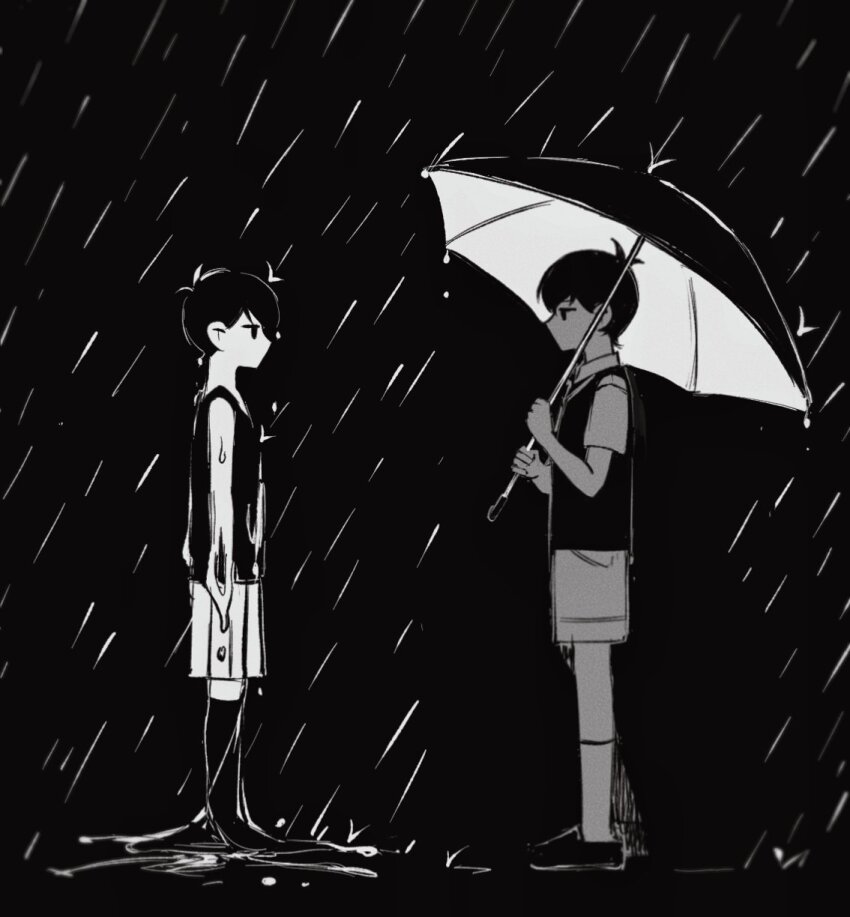 2boys black_eyes black_hair black_sweater_vest black_tank_top black_thighhighs closed_mouth collared_shirt expressionless highres holding holding_umbrella looking_at_another male_focus multiple_boys niu_tata omori omori_(omori) rain shirt short_hair short_sleeves shorts standing sunny_(omori) sweater_vest tank_top thighhighs umbrella white_shirt white_shorts