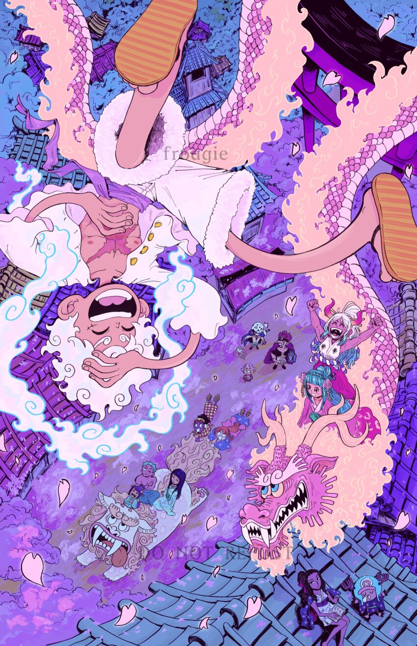 6+boys 6+girls absurdres alternate_form alternate_hair_color architecture artist_name black_hair blue_hair dragon dragon_boy east_asian_architecture eastern_dragon eustass_kid froagie fur_trim gear_fifth gradient_hair green_hair hair_ornament hair_stick hakama hakama_pants highres horns japanese_clothes kikunojo_(one_piece) kimono komachiyo kouzuki_hiyori kouzuki_momonosuke kurozumi_tama laughing long_hair monkey_d._luffy multicolored_hair multiple_boys multiple_girls nami_(one_piece) nami_(one_piece)_(wano) nico_robin nico_robin_(wano) one_piece open_mouth pants petals pink_hair purple_sash red_hair red_horns riding riding_animal rope roronoa_zoro sandals sash scar scar_on_chest scar_on_face sharp_teeth shimenawa shirt short_hair shorts sleeveless sleeveless_kimono teeth toko_(one_piece) tongue tony_tony_chopper torii trafalgar_law upside-down usopp white_hair white_shirt white_shorts yamato_(one_piece)