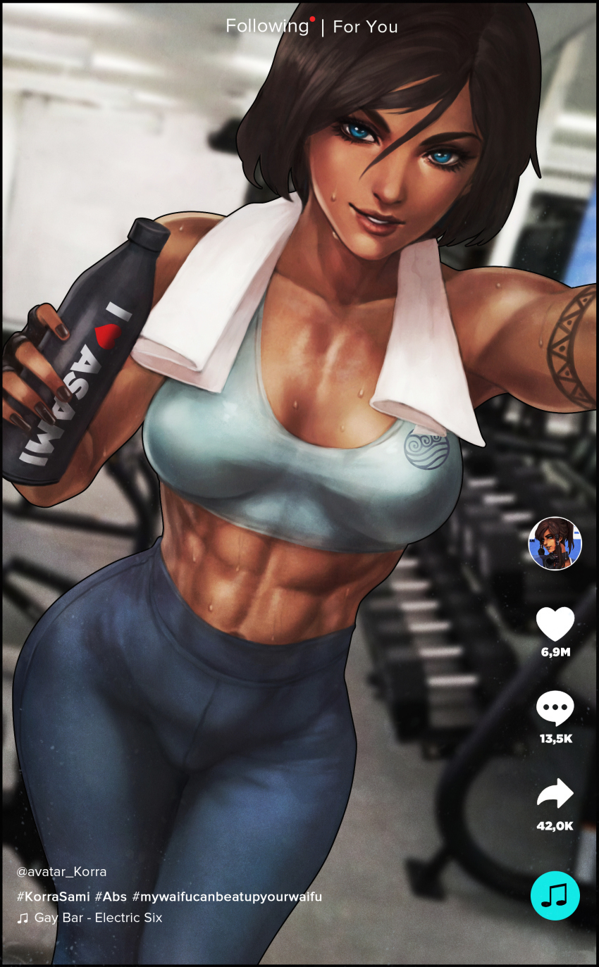 1girl abs absurdres arm_tattoo avatar_legends bare_shoulders black_hair black_nails blue_eyes blurry blurry_background bottle breasts collarbone dark-skinned_female dark_skin dumbbell feet_out_of_frame fingerless_gloves gloves gym hair_between_eyes hands_up high-waist_pants highres holding holding_bottle korra large_breasts midriff monori_rogue muscular muscular_female nail_polish open_mouth pants parted_lips selfie short_hair sleeveless smile solo sports_bra standing sweat tattoo teeth the_legend_of_korra tiktok towel towel_around_neck yoga_pants