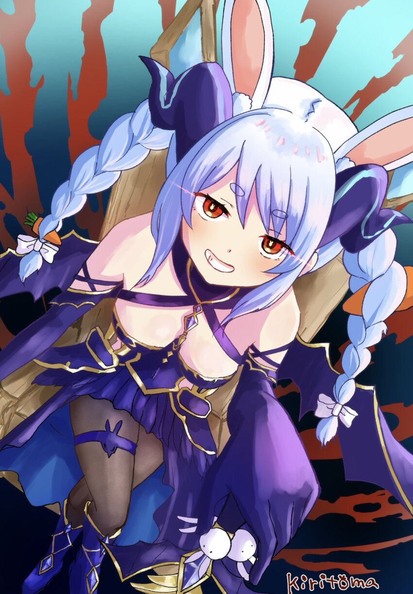 1girl animal_ear_fluff animal_ears bare_shoulders boots border bow braid breasts brown_pantyhose carrot_hair_ornament commentary_request crossed_legs demon_girl demon_horns demon_wings dress elbow_gloves food-themed_hair_ornament gloves grin hair_bow hair_ornament highres hololive horns kiritoma knee_boots long_hair looking_at_viewer pantyhose pekomon_(usada_pekora) purple_boots purple_dress purple_gloves purple_wings rabbit_ears signature sitting small_breasts smile solo_focus throne twin_braids twintails usada_pekora very_long_hair virtual_youtuber white_border wings