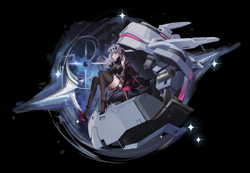 1girl absurdres anniversary arms_behind_back bandaged_head bandages black_background black_dress black_gloves black_ribbon black_thighhighs black_tiara breasts cleavage closed_mouth dress elbow_gloves full_body gloves goddess_of_victory:_nikke grey_hair hair_ornament hair_ribbon high_heels highres legs light_smile long_hair looking_at_viewer medium_breasts modernia_(nikke) modernia_(second_affection)_(nikke) nart official_alternate_costume red_eyes ribbon see-through_cleavage see-through_clothes sitting solo thighhighs thighs tiara