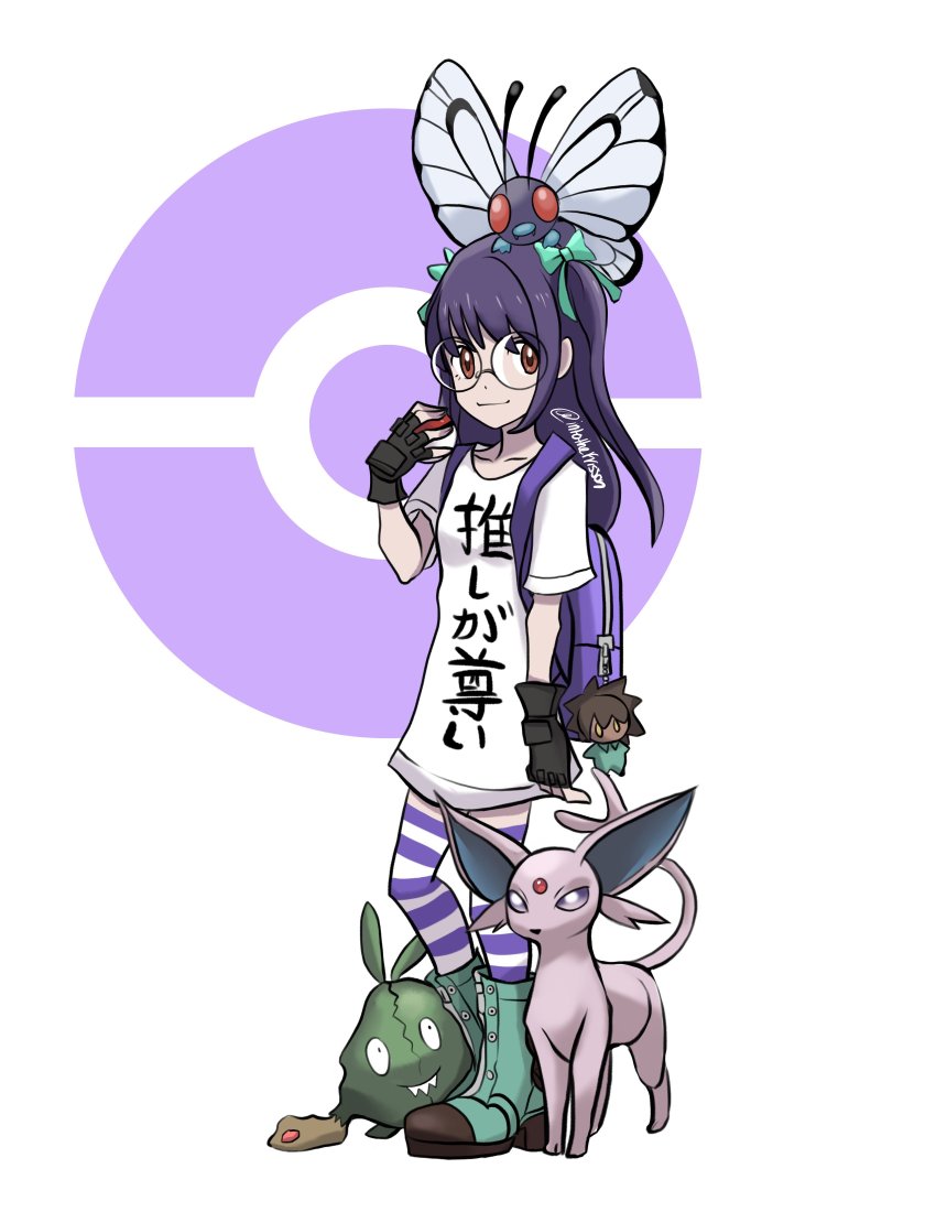 1girl absurdres backpack bag boots butterfree closed_mouth clothes_writing crossover espeon fingerless_gloves gen_1_pokemon gen_2_pokemon gen_5_pokemon glasses gloves green_footwear highres holding holding_poke_ball long_hair nintendo on_head poke_ball pokemon pokemon_(creature) pokemon_on_head purple_hair round_eyewear shin_subarashiki_kono_sekai shirt smile striped_legwear subarashiki_kono_sekai trubbish usui_nagi white_shirt
