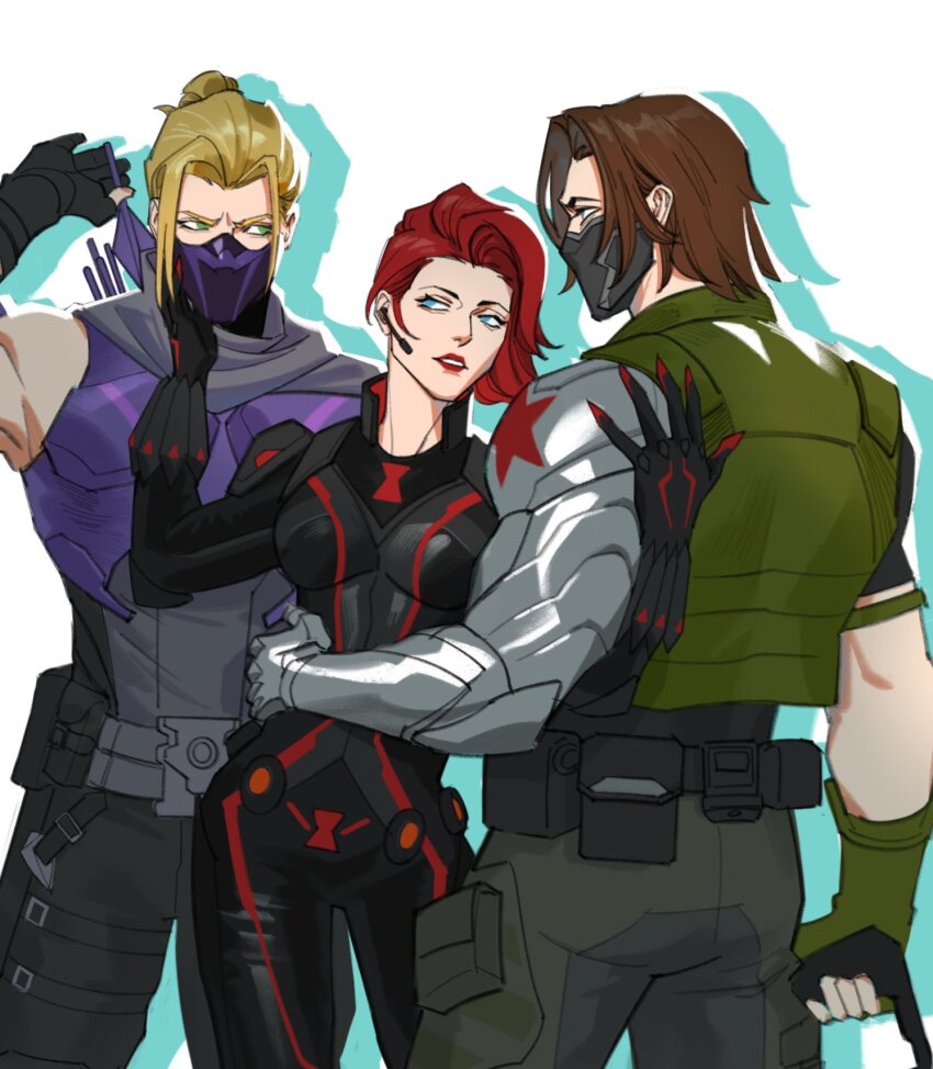 1girl 2boys allie_lynee aqua_eyes armor arrow_(projectile) avengers_(series) back black_bodysuit black_gloves black_mask black_pants black_shirt black_widow blonde_hair blue_eyes bodysuit breasts brown_hair bucky_barnes clint_barton commentary covered_mouth cowboy_shot earpiece english_commentary fingerless_gloves gloves green_eyes green_vest grey_scarf hair_bun hand_around_waist hawkeye_(marvel) highres holding holding_arrow looking_at_another marvel marvel_rivals mask medium_breasts mouth_mask multiple_boys muscular muscular_male natasha_romanoff pants pocket prosthesis prosthetic_arm purple_armor purple_mask red_hair red_lips scarf shadow shirt short_hair short_sleeves sidelocks simple_background single_bare_shoulder smile standing star_(symbol) superhero_costume teeth vest white_background winter_soldier
