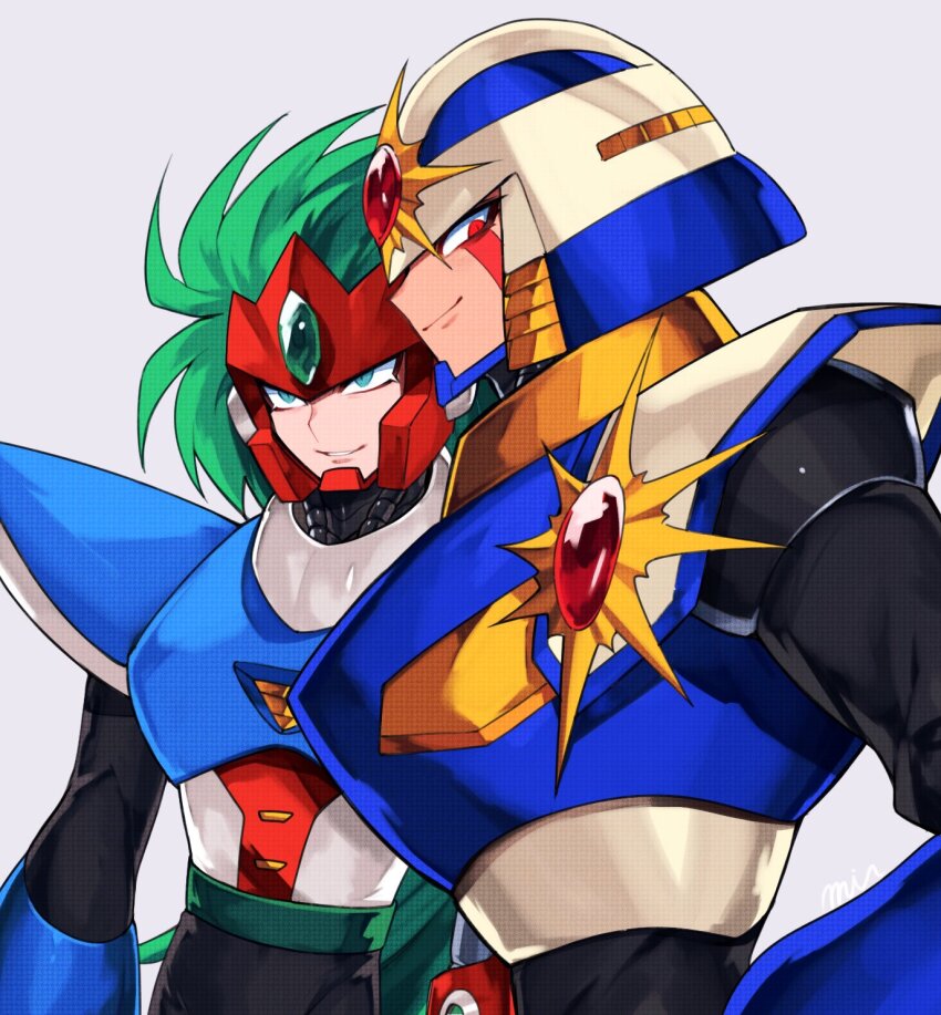 2boys armor blue_armor blue_helmet forehead_jewel green_hair grey_background helmet highres male_focus mega_man_(classic) mega_man_(series) mega_man_v mikhail_kitto multiple_boys simple_background sunstar_(mega_man) terra_(mega_man) upper_body