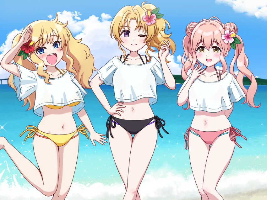 3girls asphodelus_8 beach bikini bikini_under_clothes black_bikini blonde_hair blue_eyes blue_sky brown_eyes cloud day double_bun hair_bun highres horizon idolmaster idolmaster_cinderella_girls kiryu_tsukasa_(idolmaster) multiple_girls ocean ohtsuki_yui open_mouth outdoors pink_bikini pink_hair ponytail round_teeth saionji_kotoka salute shirt side-tie_bikini_bottom sky swimsuit teeth twintails upper_teeth_only white_shirt yellow_bikini