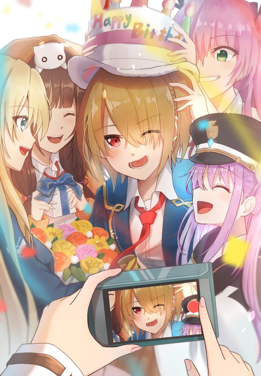 6+girls aikawa_megumi aoi11_luyu asakura_karen_(heaven_burns_red) black_hair blonde_hair blue_jacket bow braid double_bun female_pov green_eyes hair_bun hair_ornament hair_over_one_eye hairclip half_up_braid happy_birthday hat heaven_burns_red highres hood hood_up hooded_jacket izumi_yuki_(heaven_burns_red) jacket kayamori_ruka kunimi_tama long_hair long_sleeves multiple_girls pink_eyes pink_hair pov red_eyes ribbon shirt short_hair team_31a_(heaven_burns_red) toujou_tsukasa two_side_up white_ribbon white_shirt