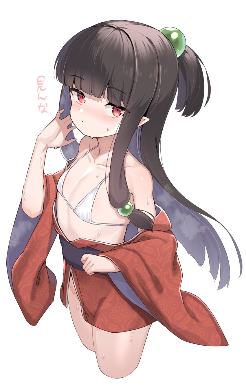 1girl bikini black_hair closed_eyes female_focus flame_iii flat_chest hands_on_own_face highres japanese_clothes kimono loli long_hair micro_bikini off_shoulder open_clothes pointy_ears red_eyes simple_background sweat swimsuit tsurime unizou viprpg white_background