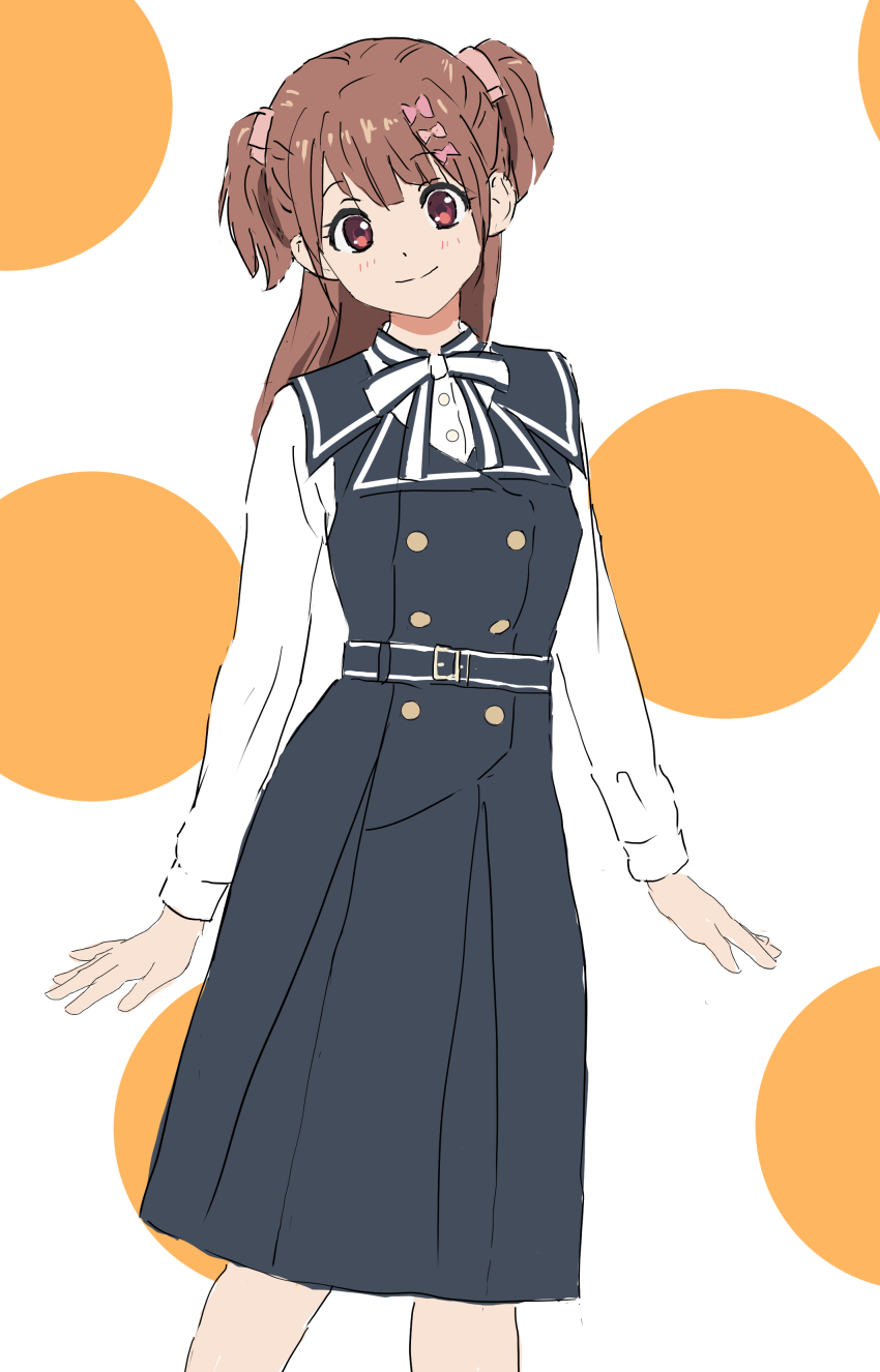 1girl 22/7 absurdres belt belt_buckle black_belt black_dress bow brown_eyes brown_hair buckle buttons closed_mouth double-breasted dress feet_out_of_frame hair_bow hair_ornament highres keisanchuu_new_costume long_hair long_sleeves looking_at_viewer neck_ribbon pinafore_dress pink_bow pleated_dress ribbon sera_honoka shirt shirt_under_dress sleeveless sleeveless_dress smile solo standing tetu_rou two_side_up white_ribbon white_shirt