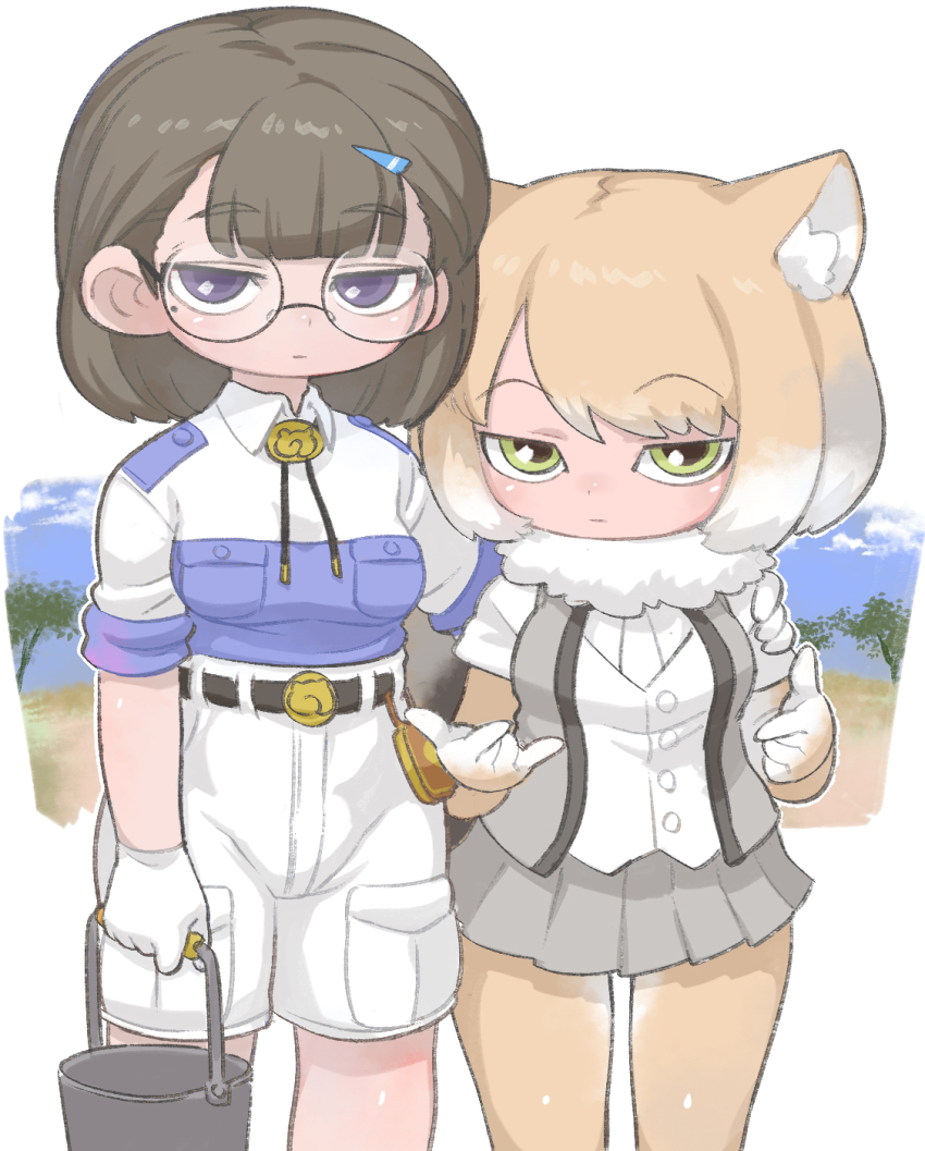 2girls animal_ears blonde_hair blush brown_gloves brown_hair brown_pantyhose bucket collared_shirt commentary_request cowboy_shot elbow_gloves expressionless fox_ears fox_girl fox_tail glasses gloves green_eyes grey_hair grey_skirt grey_vest hair_ornament hairclip highres kemono_friends khakis kuro_(kurojill) multicolored_hair multiple_girls original pantyhose plaid_clothes plaid_skirt purple_eyes shirt short_hair short_sleeves skirt t-shirt tail tibetan_fox_(kemono_friends) uniform vest white_gloves white_hair white_shirt