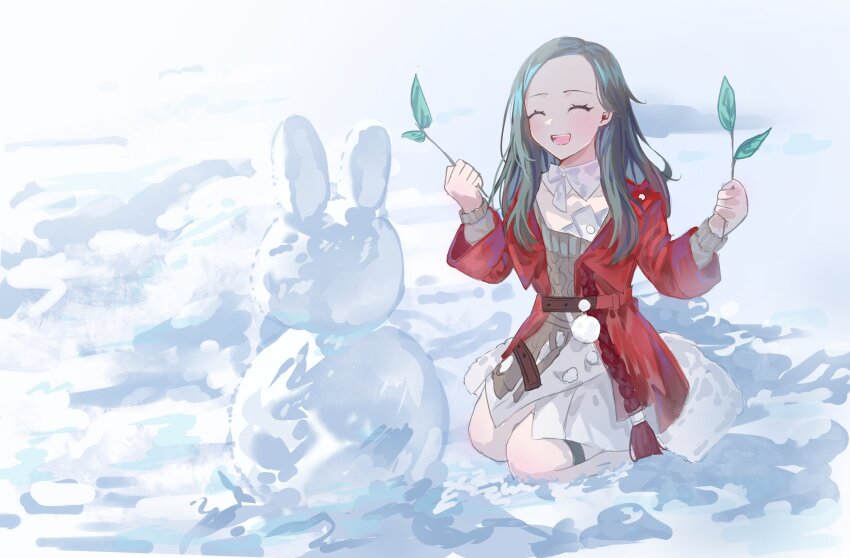 1girl absurdres belt brown_belt brown_sweater clara_(honkai:_star_rail) clara_(honkai:_star_rail)_(cosplay) closed_eyes cosplay detached_collar dress emily_sun fur-trimmed_jacket fur_trim green_hair highres honkai:_star_rail honkai_(series) jacket kanako_(fuwachu) long_hair long_sleeves open_mouth red_jacket seiza sitting smile snow snow_rabbit solo sweater thigh_strap voice_actor_connection white_dress