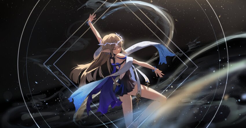 1girl absurdres arm_up back bare_legs bare_shoulders black_dress blonde_hair cartethyia_(wuthering_waves) closed_eyes commentary crown_of_thorns dress earrings eien_001 facing_viewer from_side highres jewelry legs long_hair pointy_ears solo thighs wuthering_waves
