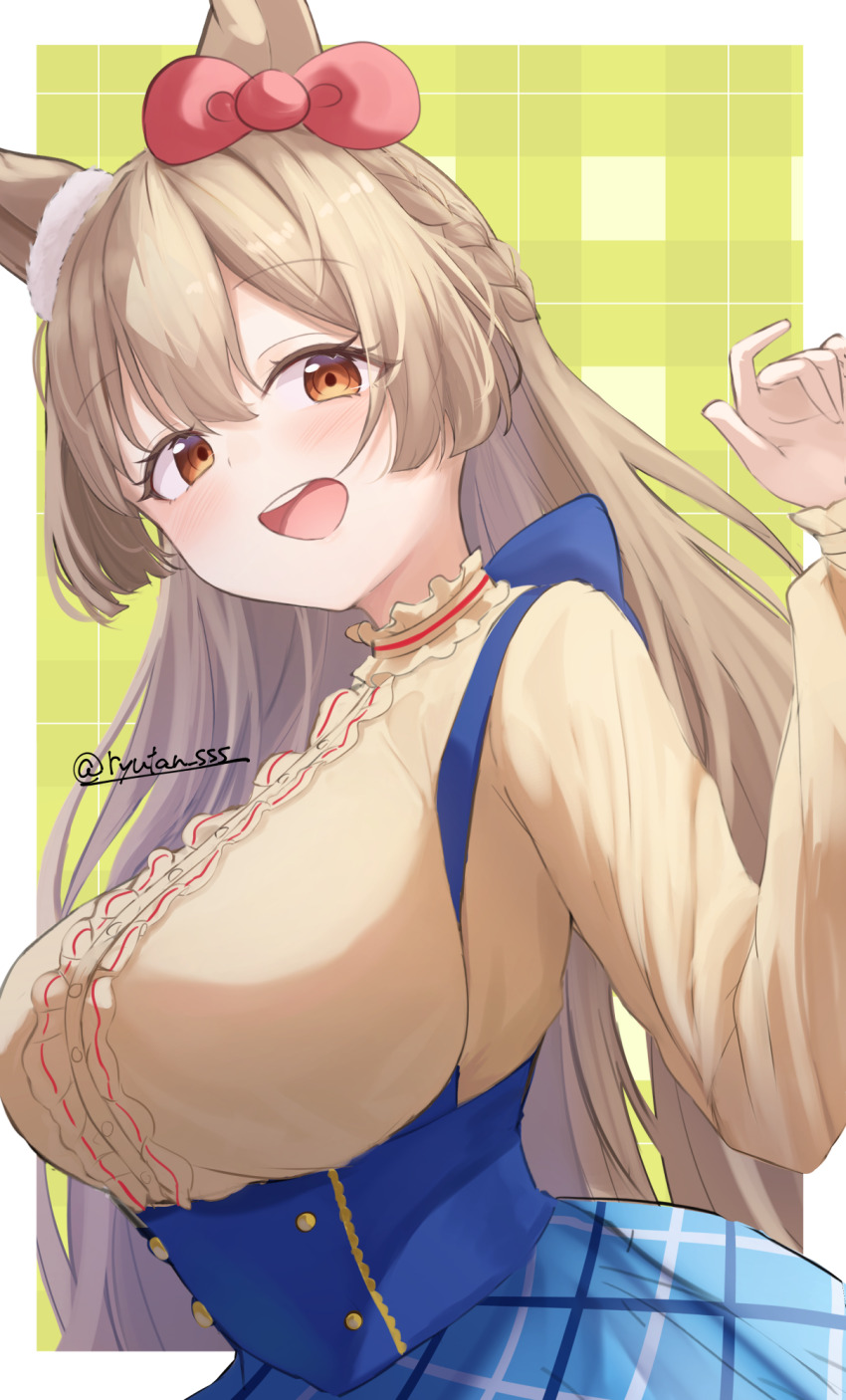 1girl :d animal_ears bow breasts brown_eyes brown_hair ear_bow highres horse_ears horse_girl horse_tail large_breasts long_hair looking_at_viewer lryutanl open_mouth red_bow satono_diamond_(umamusume) smile solo tail umamusume