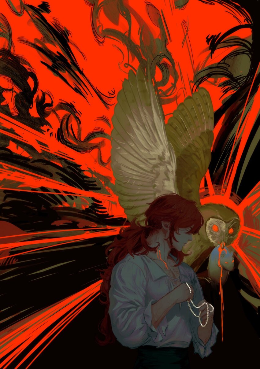 1boy abstract_background bird blood blood_from_neck chest_hair closed_eyes closed_mouth diluc_(genshin_impact) genshin_impact highres injury jewelry long_hair male_focus messy_hair necklace orange_hair owl pearl_necklace pectoral_cleavage pectorals ponytail predation red_eyes saraarten