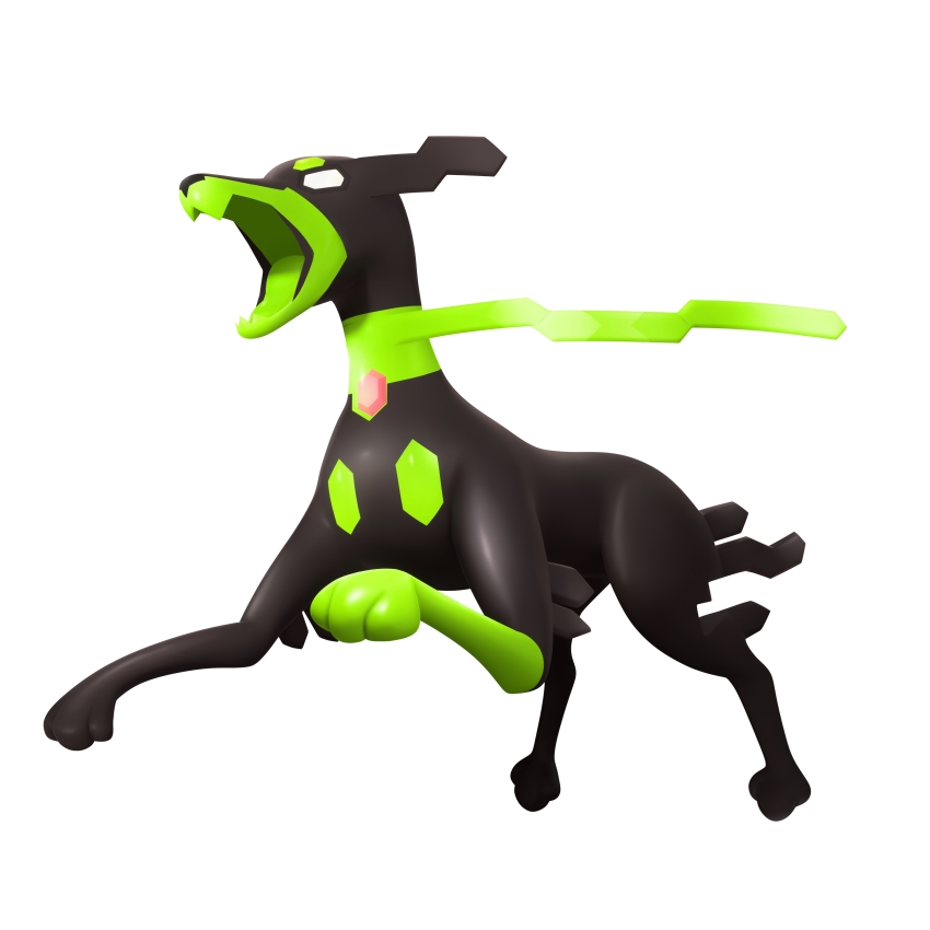 3d absurdres alternate_form animal_focus artist_request colored_tongue dog empty_eyes full_body gen_6_pokemon green_tongue hexagon highres legendary_pokemon nintendo no_humans official_art open_mouth pokemon pokemon_(creature) pokemon_focus pokemon_legends:_z-a simple_background solo third-party_source white_background zygarde zygarde_(10%)