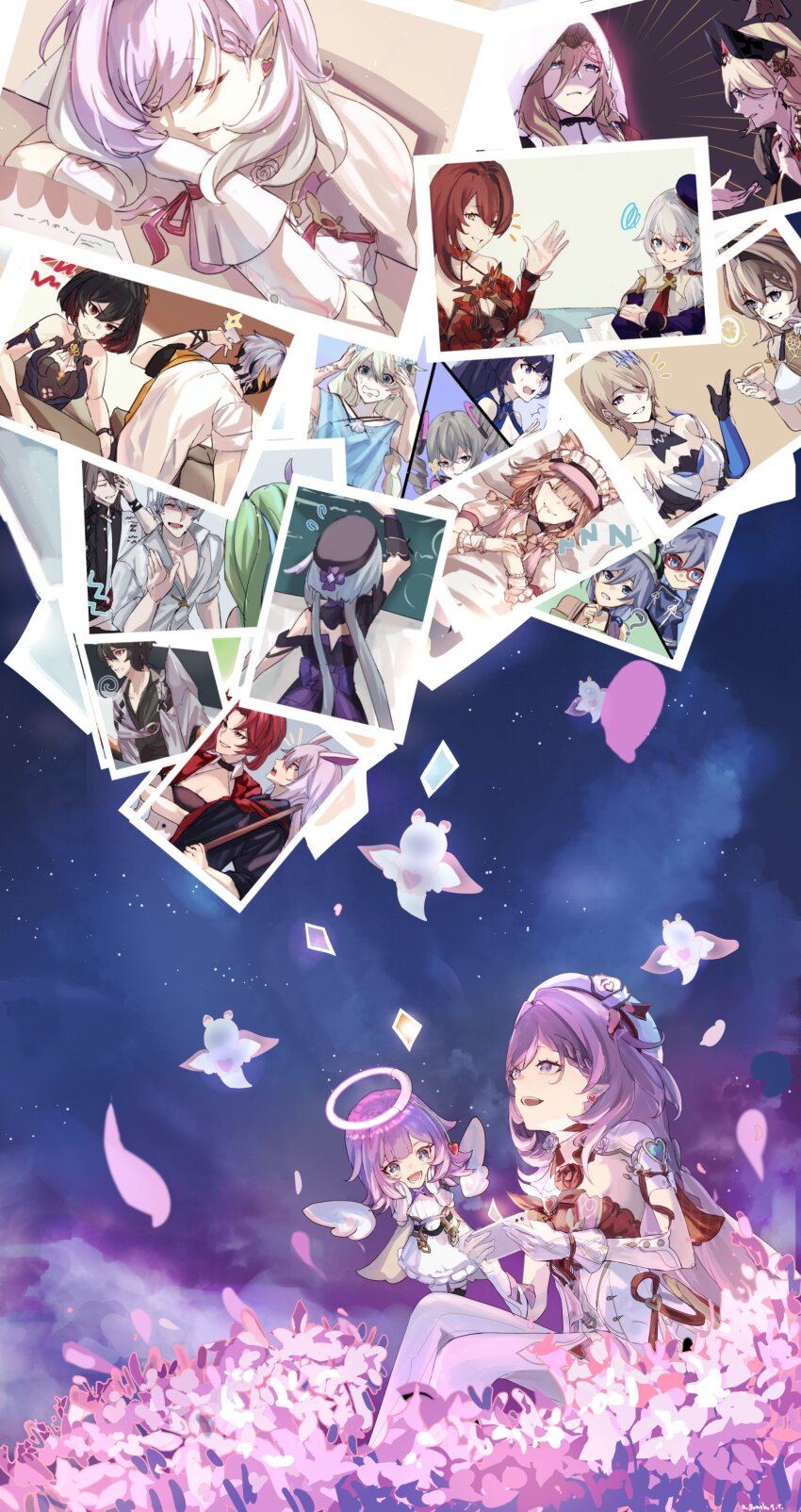 2girls absurdres angel_wings aponia beret breasts bronya_zaychik commentary dress durandal_(honkai_impact) durandal_(nibelungen_traumlied)_(honkai_impact) earrings eden_(honkai_impact) elf elf_elysia elysia_(hi_love_elf)_(honkai_impact) elysia_(honkai_impact) field flower flower_field fu_hua gonnbe_fofo griseo griseo_(starry_impression) halo hat heart heart_earrings highres holding holding_phone honkai_(series) honkai_impact_3rd jewelry kalpas_(honkai_impact) kevin_kaslana kiana_kaslana kosma little_messenger_(honkai_impact) long_hair medium_breasts mobius_(honkai_impact) multiple_girls murata_himeko night night_sky official_alternate_costume pardofelis pardofelis_(meowtose_macchiato) phone photo_(object) pink_hair pointy_ears purple_eyes raiden_mei red_dress rita_rossweisse rita_rossweisse_(argent_knight:_artemis) seele_(alter_ego) seele_vollerei sitting sky star_(sky) starry_sky su_(honkai_impact) theresa_apocalypse very_long_hair vill-v white_dress wings yae_sakura