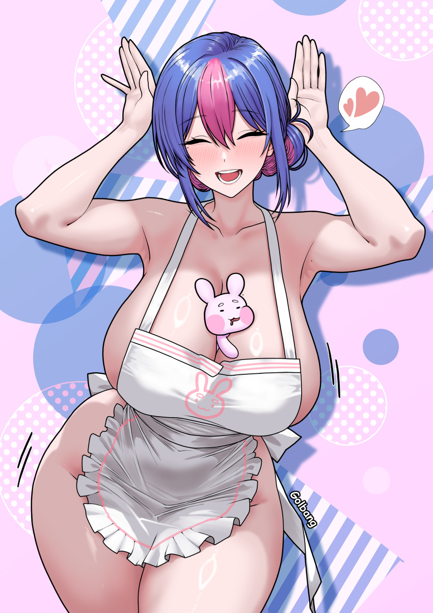 1girl absurdres apron artist_name bing_hayu blue_hair blush breasts closed_eyes collarbone commission golbang heart highres large_breasts luvdia mole mole_on_armpit mole_on_breast mole_under_eye motion_lines multicolored_hair multiple_moles naked_apron open_mouth pink_hair rabbit_pose spoken_heart thighs two-tone_hair virtual_youtuber white_apron