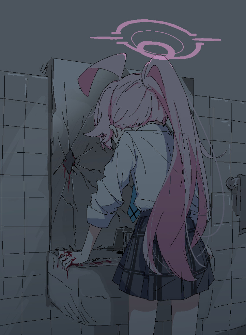 1girl ahoge blood blood_on_mirror blue_archive blue_necktie broken_glass broken_mirror crack cracked_glass glass halo highres hoshino_(armed)_(blue_archive) hoshino_(blue_archive) huge_ahoge kiroshi long_hair metal_gear_(series) metal_gear_solid_v:_the_phantom_pain mirror necktie pink_hair pink_halo plaid_clothes plaid_skirt ponytail skirt solo venom_snake
