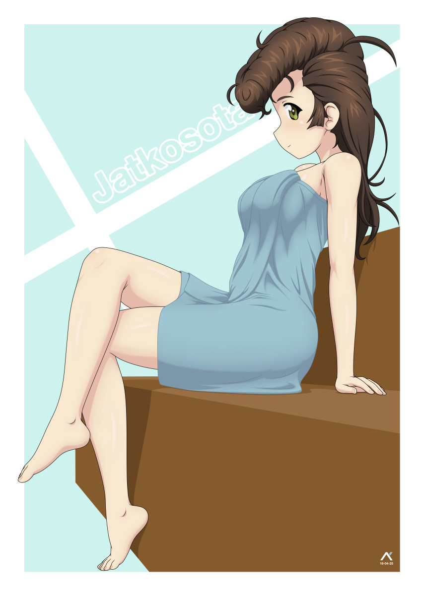 1girl absurdres acrux blush breasts brown_hair dated from_side full_body girls_und_panzer green_eyes highres large_breasts long_hair looking_at_viewer naked_towel pompadour smile solo towel yuri_(girls_und_panzer)