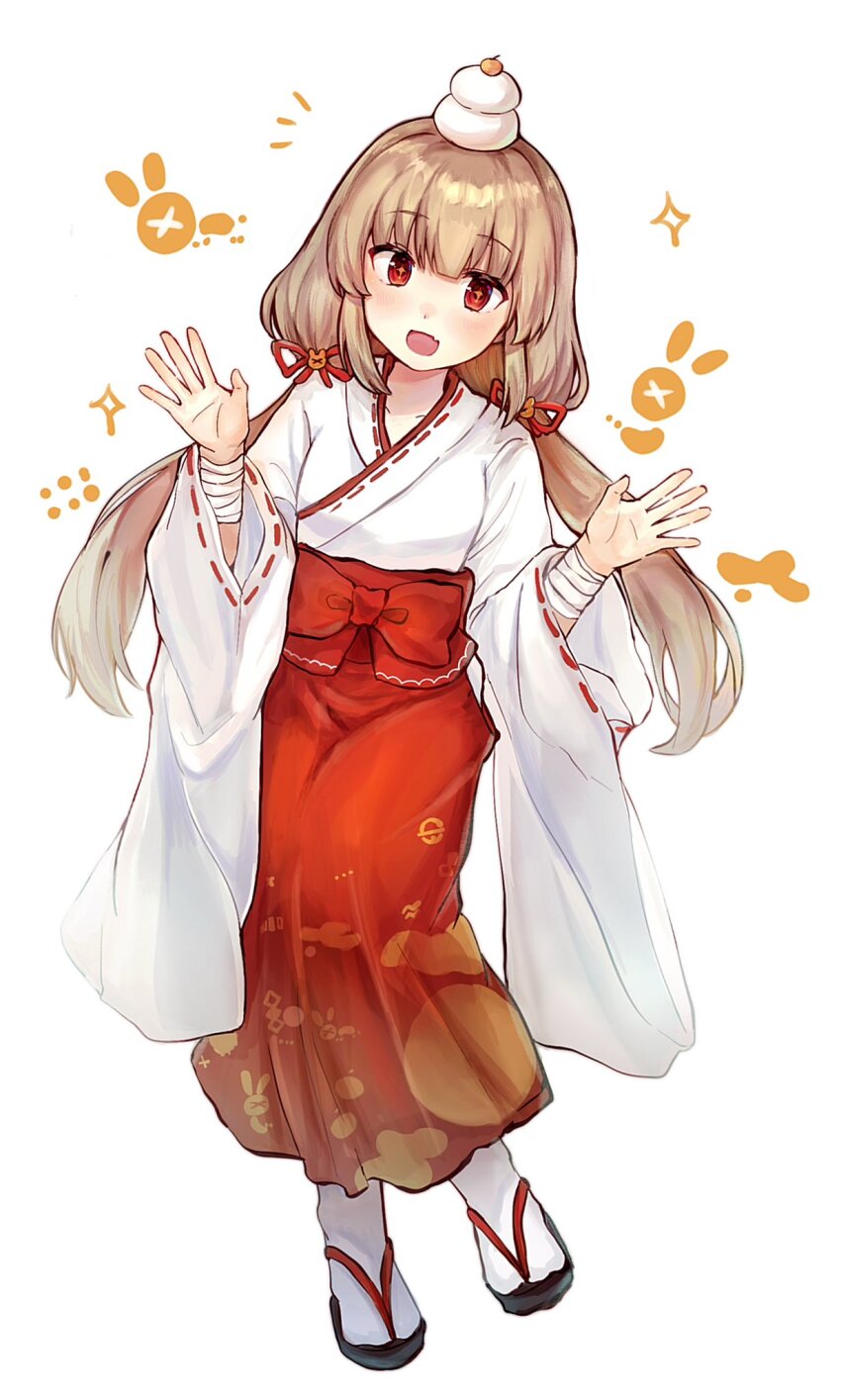 1girl :d brown_hair commentary full_body hakama hakama_skirt hands_up hashtag-only_commentary highres japanese_clothes kabaxima_kin kagami_mochi kimono long_hair long_sleeves looking_at_viewer low_twintails miko natori_sana natori_sana_(miko) official_alternate_costume open_hands open_mouth red_eyes red_hakama ribbon-trimmed_kimono ribbon_trim sana_channel sandals simple_background skirt smile socks solo standing twintails very_long_hair virtual_youtuber white_background white_kimono white_socks wide_sleeves