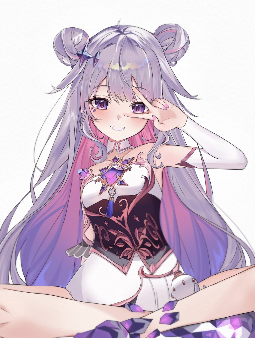 1girl absurdres black_corset castellayaki chest_jewel colored_inner_hair corset detached_collar detached_sleeves double_bun dress gem gradient_hair grey_hair hair_bun hashtag-only_commentary highres hololive hololive_english indian_style jewel_under_eye koseki_bijou koseki_bijou_(1st_costume) long_hair looking_at_viewer material_growth multicolored_hair pink_hair purple_eyes purple_gemstone purple_hair simple_background single_detached_sleeve sitting solo v v_over_eye very_long_hair virtual_youtuber white_background white_dress