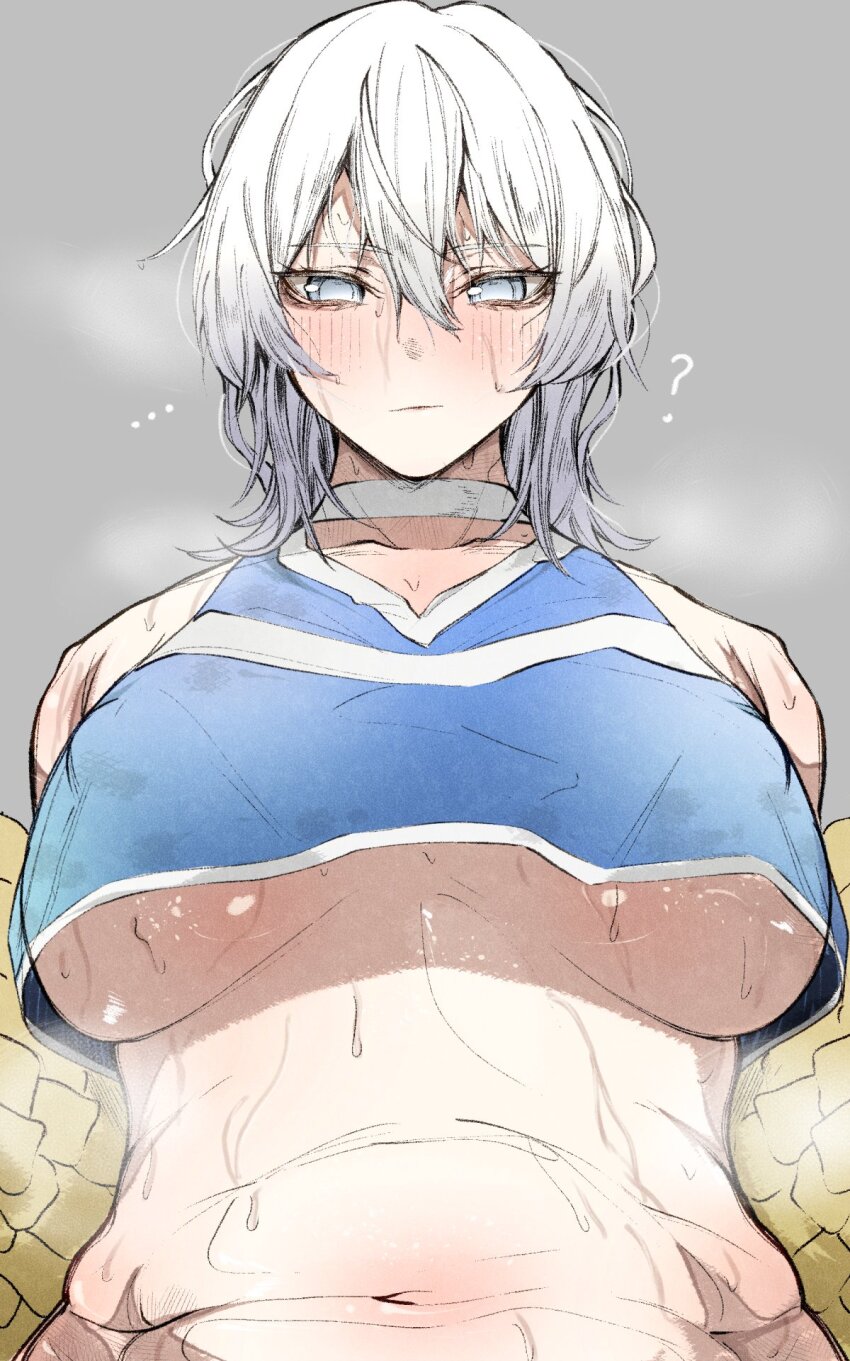 1girl breasts cheerleader crop_top crop_top_overhang faust_(project_moon) highres large_breasts limbus_company nb8c project_moon steam steaming_body underboob white_eyes white_hair