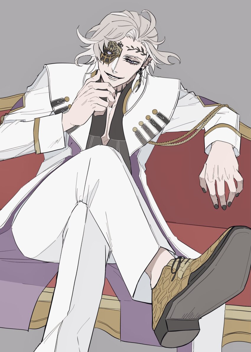 1boy arm_rest badge black_nails brown_shoes choker couch crossed_legs ear_piercing earrings eyepatch facial_tattoo forehead_tattoo gold_trim grey_background hades_(shuumatsu_no_valkyrie) half-closed_eyes hand_on_own_chin hand_up highres jacket jewelry leaf_tattoo long_sleeves looking_at_viewer lower_teeth_only male_focus nail_polish on_couch pants parted_lips pectoral_cleavage pectorals piercing purple_eyes purple_jacket shirt shoes short_hair shuumatsu_no_valkyrie sitting smile solo spiked_choker spikes tattoo teeth two-sided_fabric white_hair white_jacket white_pants