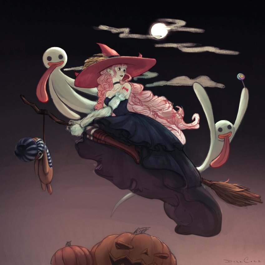 1girl absurdres arm_tattoo black_choker blunt_bangs boots broom broom_riding choker commentary darkcore2943 dress drill_hair elbow_gloves full_body ghost gloves hat highres kumacy long_hair looking_to_the_side night night_sky one_piece perona pink_hair pumpkin sidelocks sky solo strapless strapless_dress tattoo tongue tongue_out very_long_hair witch_hat