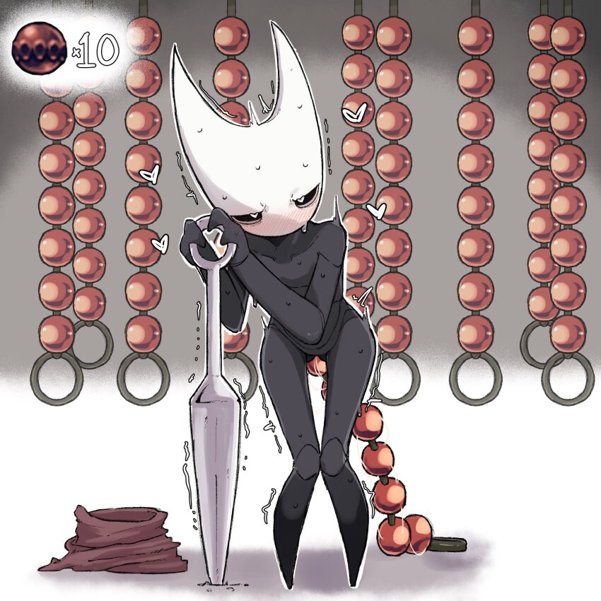 1girl anal anal_beads anal_object_insertion arthropod_girl blush bug cloak gluteal_fold heart heart-shaped_pupils highres holding holding_weapon hollow_eyes hollow_knight hollow_knight:_silksong horned_mask hornet_(hollow_knight) horns leaning_on_object mask needle_(hollow_knight) nude object_insertion red_cloak second-party_source sex_toy simple_background sweat symbol-shaped_pupils trembling weapon white_background white_mask zlix0n