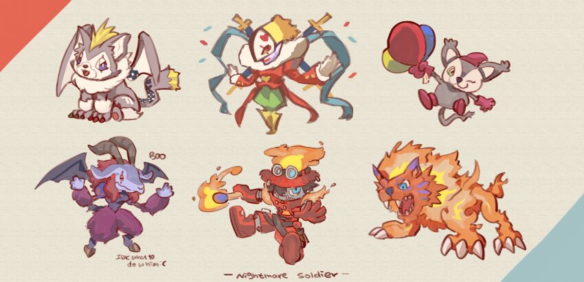 absurdres blonde_hair claws digimon digimon_(creature) fire flawizarmon highres horns lynxmon mephismon opossummon piemon sharp_teeth teeth tobucatmon