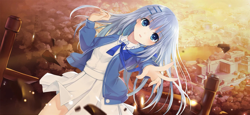 1girl blue_eyes blue_jacket breaking breasts collared_shirt date_a_live date_a_live:_spirit_pledge dress_shirt game_cg hair_ornament hairclip jacket long_hair long_sleeves looking_at_viewer official_art open_clothes open_jacket open_mouth outdoors pleated_skirt school shirt skirt solo third-party_source tobiichi_origami tree white_hair
