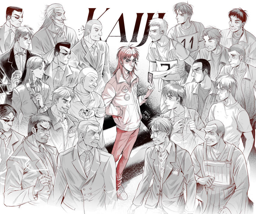 6+boys absurdres black_hair black_suit blonde_hair bow bowtie brown_hair card character_request collared_shirt copyright_name dice endou_yuuji flower formal_clothes frown funai_jouji glasses grin hand_in_pocket hashimoto_(kaiji) highres holding holding_card holding_dice holding_flower hyoudou_kazutaka ichijou_seiya ishida_hiromitsu ishida_kouji itou_kaiji jacket kaiji kitagawa_(kaiji) kurosaki_yoshihiro long_hair looking_at_another looking_at_viewer maeda_(kaiji) male_focus mayaosaki miyoshi_tomohiro multiple_boys murakami_tamotsu necktie numbered ootsuki_(kaiji) partially_colored rose sahara_makoto sakazaki_koutarou scar scar_on_face scared shirt short_hair smile standing suit sunglasses tonegawa_yukio undercut white_shirt yokoi_(kaiji)