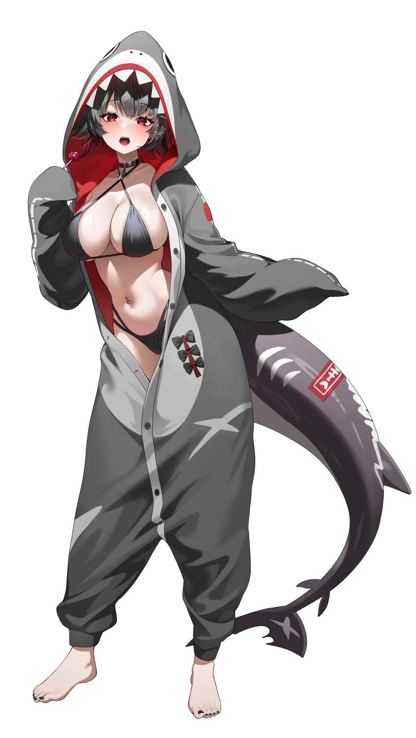 1girl absurdres animal_costume ayoni_623 barefoot bikini black_bikini black_choker black_hair candy choker commentary_request ellen_joe feet fins fish_tail food full_body highres holding holding_candy holding_food holding_lollipop lollipop multicolored_hair nail_polish navel navel_piercing onesie open_clothes partially_unbuttoned piercing red_eyes red_hair shark_costume shark_girl shark_tail sharp_teeth short_hair simple_background solo stomach swimsuit tail teeth toenail_polish toenails toes two-tone_hair white_background zenless_zone_zero