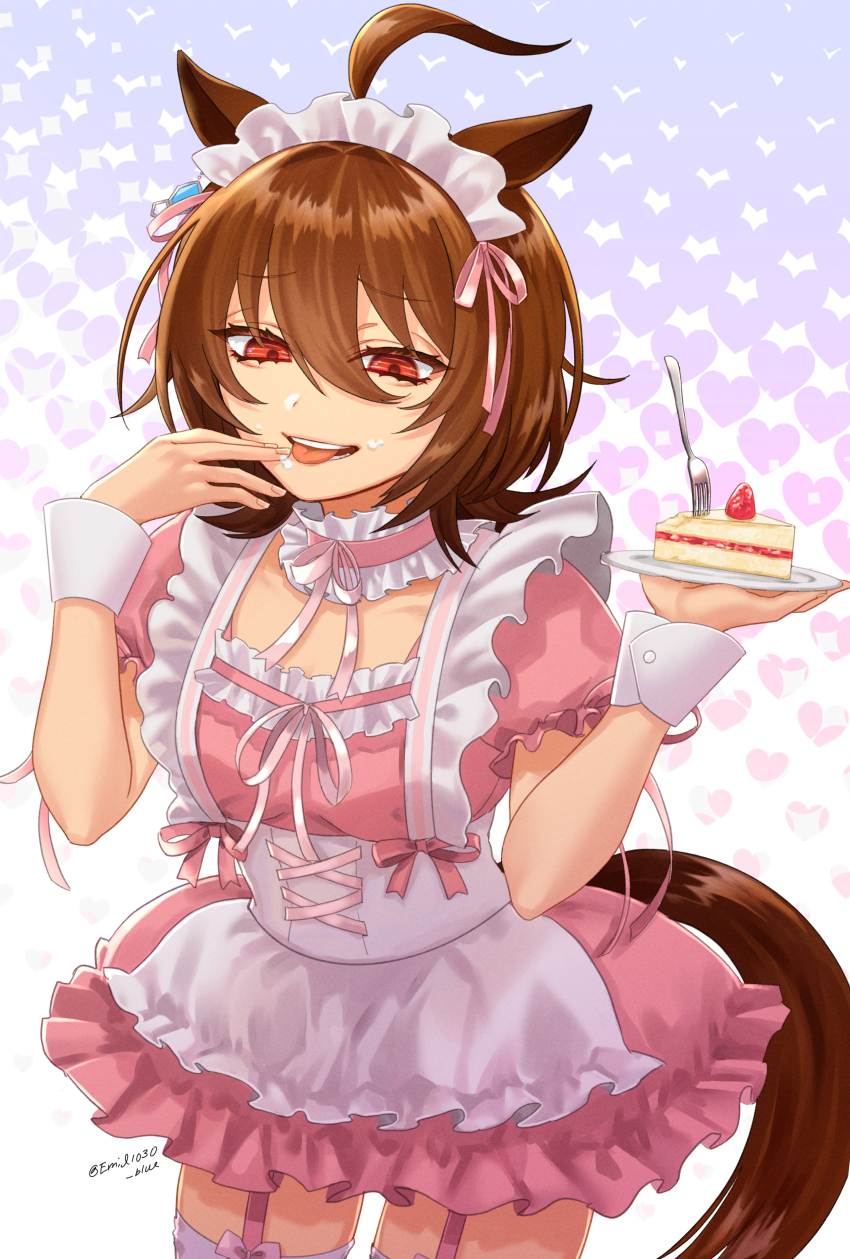 1girl absurdres agnes_tachyon_(umamusume) ahoge animal_ears apron breasts brown_hair cat_ears chemical_structure choker collarbone corset cream cream_on_face cream_on_hands dress earrings emil1030_blue food food_on_face food_on_hand fork frilled_choker frilled_dress frills fruit garter_straps hair_between_eyes hair_ribbon hands_up highres holding holding_plate horse_ears horse_girl horse_tail jewelry maid_headdress medium_breasts multiple_girls pink_choker pink_dress pink_ribbon plate red_eyes ribbon single_earring solo strawberry tail twitter_username umamusume variant_set waist_apron white_apron white_corset wrist_cuffs
