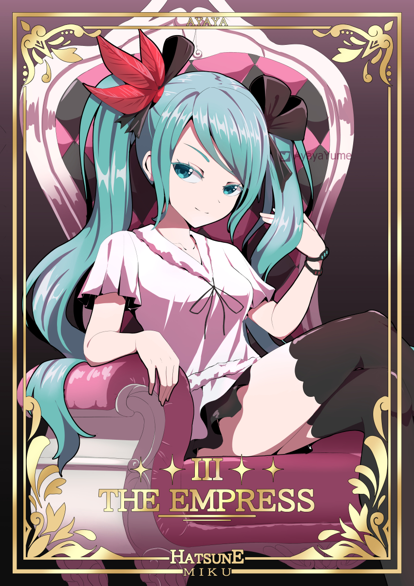 1girl absurdres aqua_eyes aqua_hair ayayayume black_bow black_ribbon black_skirt black_thighhighs bow card_(medium) character_name collarbone commentary crossed_legs feather_hair_ornament feathers feet_out_of_frame gold_border hair_bow hair_ornament hair_ribbon hand_in_own_hair hatsune_miku highres long_hair miniskirt project_diva_(series) red_feathers ribbon shirt short_sleeves sitting skirt smile solo hatsune_miku_(supreme) tarot tarot_(medium) the_empress_(tarot) thighhighs throne twintails twitter_logo twitter_username very_long_hair vocaloid white_shirt world_is_mine_(vocaloid)