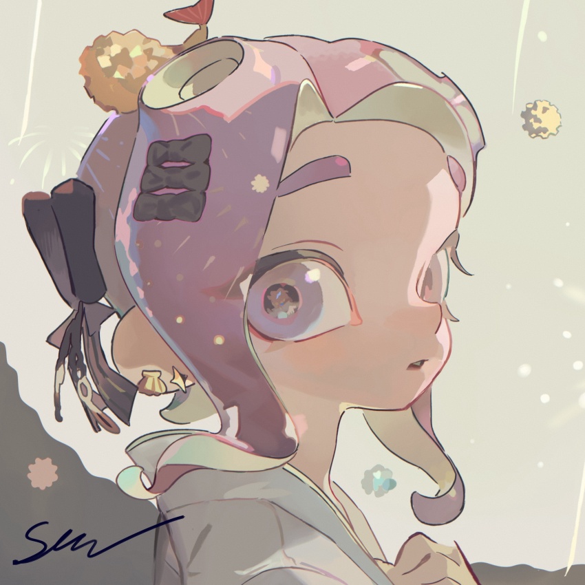 1girl absurdres acuteghost black_bow bow chinese_commentary commentary_request earrings food food_on_head hair_bow highres jewelry looking_at_viewer medium_hair nintendo object_on_head octoling octoling_girl octoling_player_character parted_bangs parted_lips portrait purple_eyes purple_hair shell shell_earrings shrimp shrimp_tempura solo splatoon_(series) star_(symbol) star_earrings tempura tentacle_hair