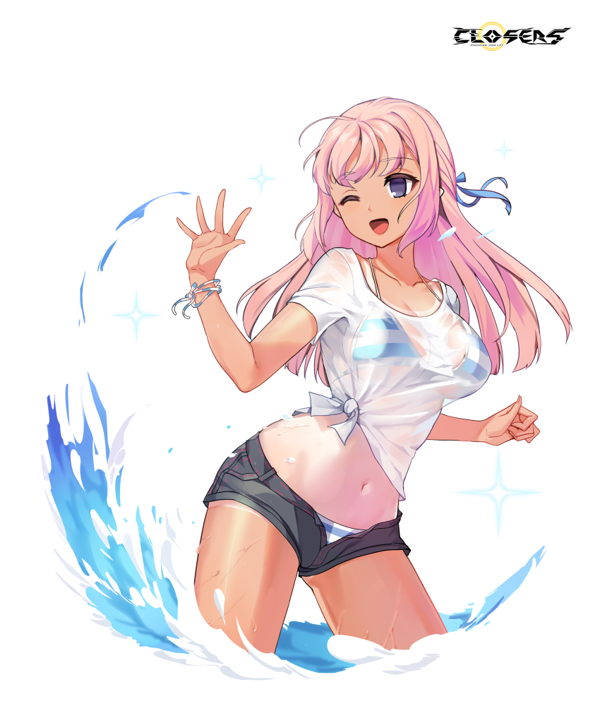 1girl ;d alternate_hair_color bikini bikini_under_clothes bikini_under_shorts black_shorts blue_bikini blue_ribbon breasts closers copyright_name cowboy_shot hair_ribbon hands_up highres large_breasts levia_(closers) logo long_hair looking_to_the_side multicolored_bikini multicolored_ribbon navel no_pupils official_art one-piece_tan one_eye_closed open_mouth pink_hair purple_eyes ribbon see-through_clothes see-through_shirt shirt short_shorts short_sleeves shorts smile solo sparkle splashing stomach string_bikini striped_bikini striped_clothes swimsuit t-shirt tan tanline tied_shirt variant_set wading water wet wet_clothes wet_shirt white_background white_bikini white_ribbon white_shirt wrist_ribbon