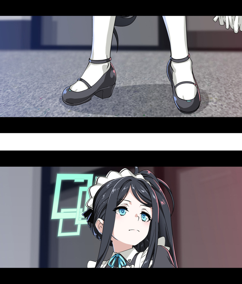1girl apron aqua_ribbon aris_(blue_archive) aris_(maid)_(blue_archive) black_footwear blue_archive borrowed_clothes comic feet halo henshako highres letterboxed looking_to_the_side maid_headdress mary_janes multiple_views official_alternate_costume one_side_up pantyhose parody ribbon shoes sidelocks silent_comic terminator_(series) terminator_2:_judgment_day white_apron white_pantyhose