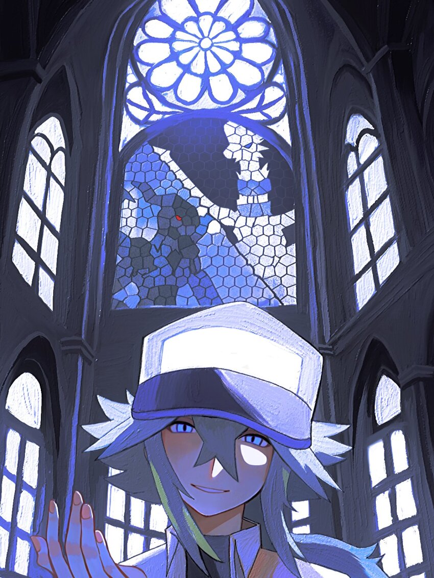 1boy baseball_cap blue_eyes collared_shirt commentary gen_5_pokemon green_hair hair_between_eyes hat highres legendary_pokemon long_hair looking_at_viewer male_focus n_(pokemon) nintendo parted_lips pokemon pokemon_bw reshiram shirt solo stained_glass window zekrom zero_(sleepy_meltan)