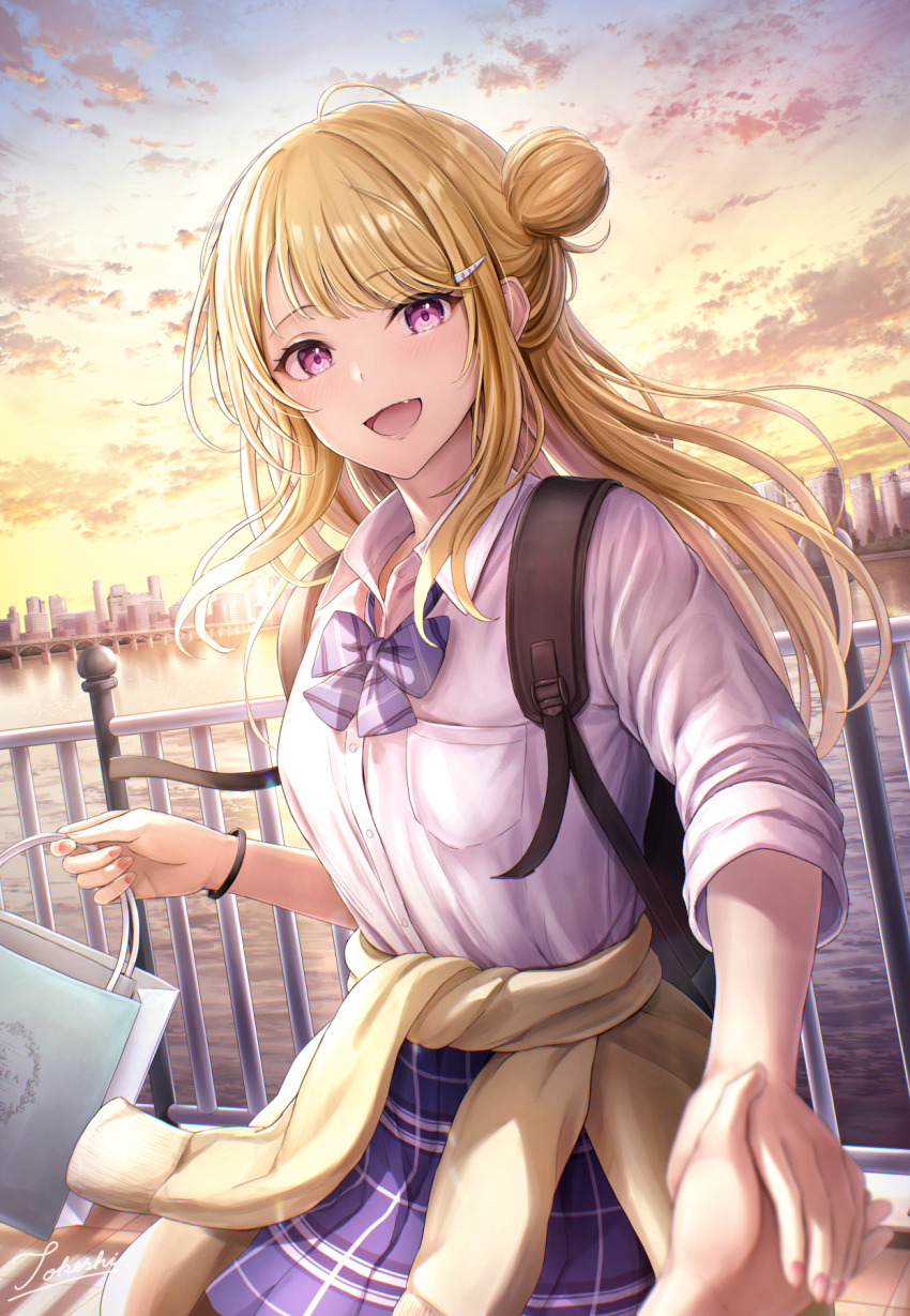 1girl :d bag blonde_hair blue_bow blue_bowtie blue_skirt bow bowtie breast_pocket breasts bridge buttons cityscape clothes_around_waist collared_shirt cowboy_shot diagonal-striped_bow diagonal-striped_bowtie diagonal-striped_clothes hair_bun hair_ornament hairpin highres holding holding_bag holding_hands jacket jacket_around_waist long_hair looking_at_viewer medium_breasts open_mouth original pink_eyes pink_nails plaid_clothes plaid_skirt pocket railing school_bag school_uniform shirt shopping_bag sidelocks signature single_hair_bun skirt sleeves_rolled_up smile solo_focus standing striped_clothes sunset tile_floor tiles tokeshi water white_shirt wing_collar