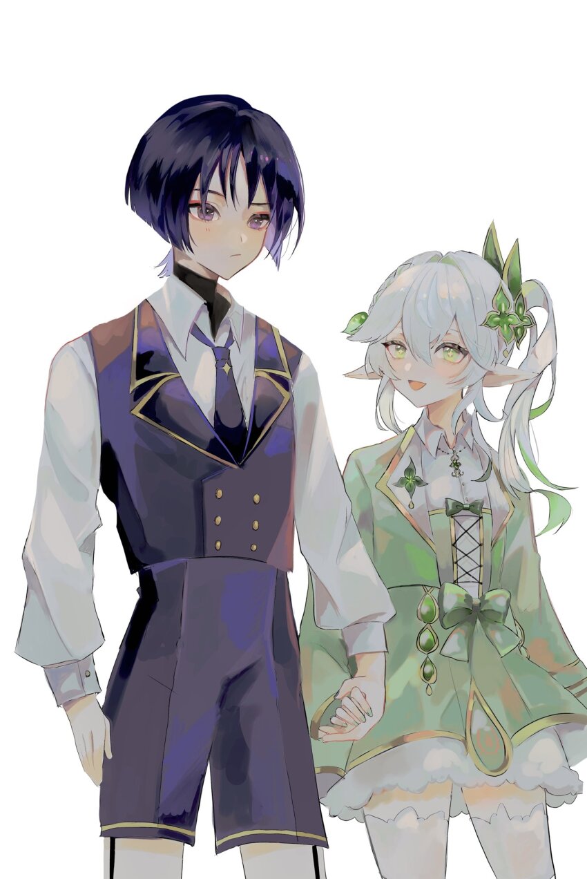 1boy 1girl alternate_costume arms_at_sides black_undershirt blunt_ends blush bodysuit bow buttons closed_mouth collared_shirt colored_inner_hair contemporary corset cross-laced_clothes cross-laced_corset cross-shaped_pupils double-breasted eyelashes eyeliner eyeshadow formal_clothes garter_belt genshin_impact gold_trim green_bow green_corset green_eyes green_hair green_jacket green_nails green_skirt green_sleeves hair_between_eyes hair_intakes hair_ornament half_crown_braid height_difference highres holding_hands hoshino_01074 jacket lapels layered_skirt leaf leaf_hair_ornament light_blush long_hair long_sleeves looking_at_another looking_to_the_side makeup multicolored_hair nahida_(genshin_impact) necktie open_mouth pointy_ears purple_eyes purple_hair purple_nails purple_necktie purple_shorts purple_vest red_eyeliner red_eyeshadow scaramouche_(genshin_impact) shirt shorts side_ponytail sidelocks skirt symbol-shaped_pupils thighhighs turtleneck turtleneck_bodysuit uneven_eyes vest white_background white_hair white_shirt white_skirt white_sleeves white_thighhighs wispy_bangs yellow_pupils