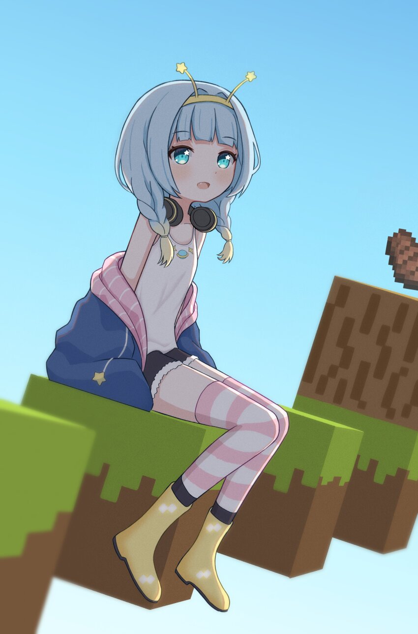 1girl absurdres aqua_eyes bare_shoulders block_(minecraft) blue_background blue_hair blue_jacket blue_sky blunt_bangs boots braid braided_twintails food grass_block headband headphones headphones_around_neck highres hood hooded_jacket jacket jacket_partially_removed jelly_hoshiumi looking_afar low_twin_braids minecraft minecraft_youtube multicolored_jacket on_ground parkour_civilization phase_connect pink_jacket pink_thighhighs sky solo star_(symbol) star_in_eye steak striped_clothes striped_thighhighs symbol_in_eye szenae tank_top thighhighs twin_braids two-tone_jacket virtual_youtuber white_tank_top yellow_boots yellow_headband