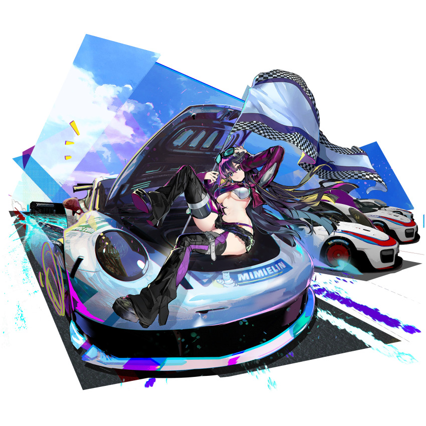 1girl black_hair black_shoes blonde_hair breasts car cropped_jacket detached_leggings eyewear_on_head faux_figurine game_cg girls&#039;_frontline girls&#039;_frontline_neural_cloud highleg highres leg_up miniskirt motor_vehicle nascita_(neural_cloud) navel official_alternate_costume official_art on_car onono_imoko open_car_hood pink_hair race_queen shoes sitting skirt solo sunglasses third-party_source transparent_background underboob