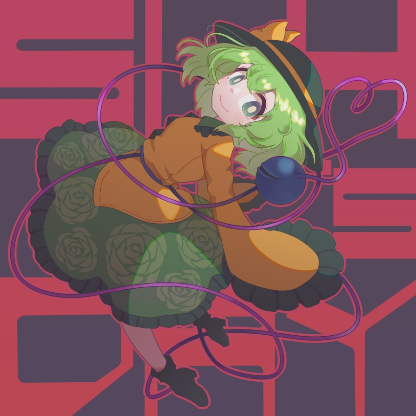 1girl blouse bow commentary floral_print floral_print_skirt frilled_skirt frilled_sleeves frills green_eyes green_hair green_skirt hat hat_bow highres kiguchi1902 komeiji_koishi leaning_back long_sleeves looking_at_viewer medium_hair outline print_skirt red_outline shirt skirt sleeves_past_wrists smile solo text_background touhou yellow_bow yellow_shirt