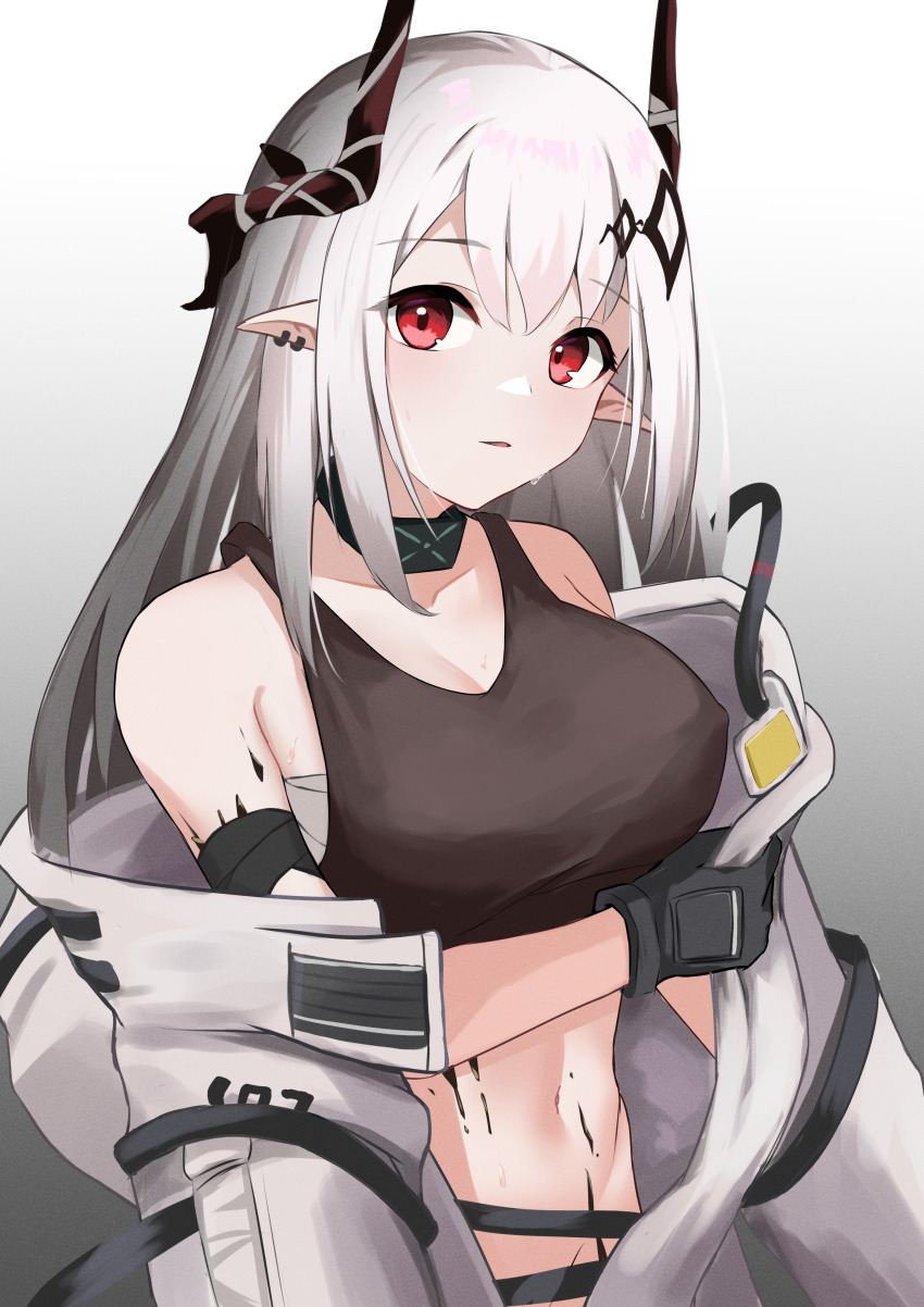 1girl absurdres arknights bandaged_arm bandages bare_shoulders black_gloves breasts brown_horns brown_sports_bra chest_sarashi cleavage commentary crop_top ear_piercing gloves gradient_background grey_background grey_hair highres horns infection_monitor_(arknights) large_breasts long_hair looking_at_viewer material_growth mudrock_(arknights) mudrock_(elite_ii)_(arknights) navel nekomatamago oripathy_lesion_(arknights) parted_lips piercing pointy_ears red_eyes sarashi sleeveless solo sports_bra sweat undressing white_background